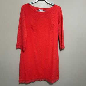 London Times Dress 16 Coral Pink Lace Shift 3/4 Sleeve Wedding Guest Modest